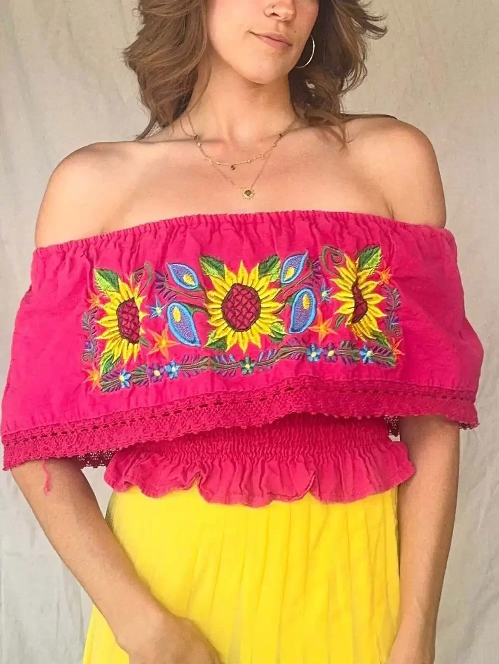Vintage Hot Pink Off the Shoulder Embroidered Sunflower Oaxacan Summer Top - Picture 7 of 10